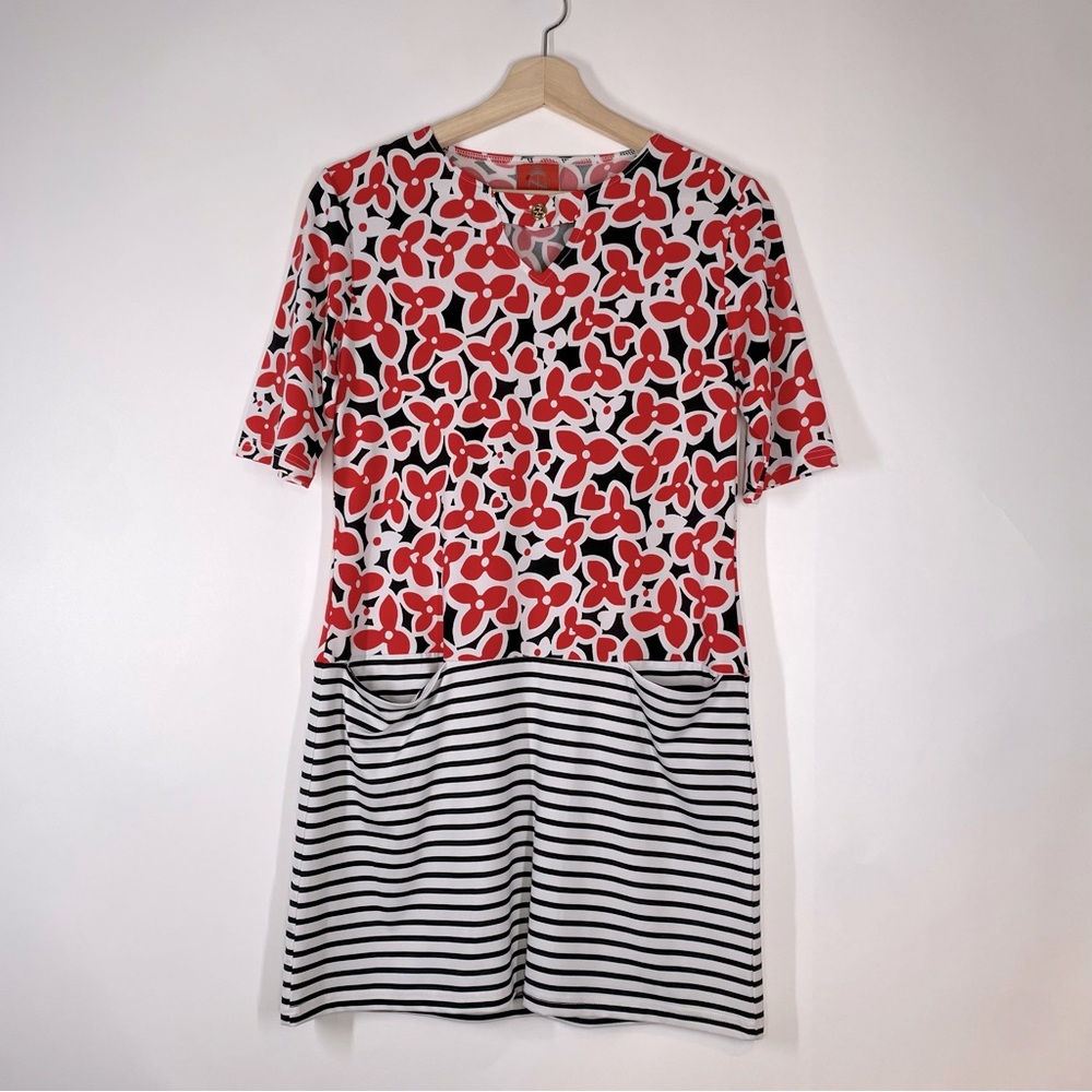 Tracy Negoshian Womens Floral Striped Jersey Dress Size S Travel Stretch Pockets